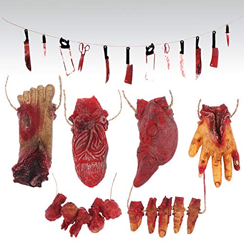 Omigga 18 pcs Halloween Props Decorations Blood Weapon Garland Banner Hand Broken Body Parts Fake Scary Blood Props for Halloween Party Haunted Houses Decorations，6 Body Parts +12 Weapon