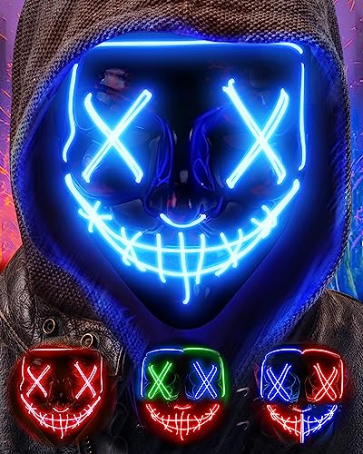 Colplay LED Light Up Halloween Mask,Scary Glow LED Face Mask with 3 lighting Modes & El Wire for Costume&Cosplay Party.Adjustable&Eco-Friendly Material for Men Women Kid-BLUE