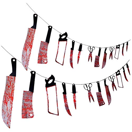 24PCS Halloween Bloody Weapons Garland, Scary Props Banner Garland Hanging Decor Horror Tools for Yard Indoor Outdoor Haunted House Vampire Zombie Party Supplies