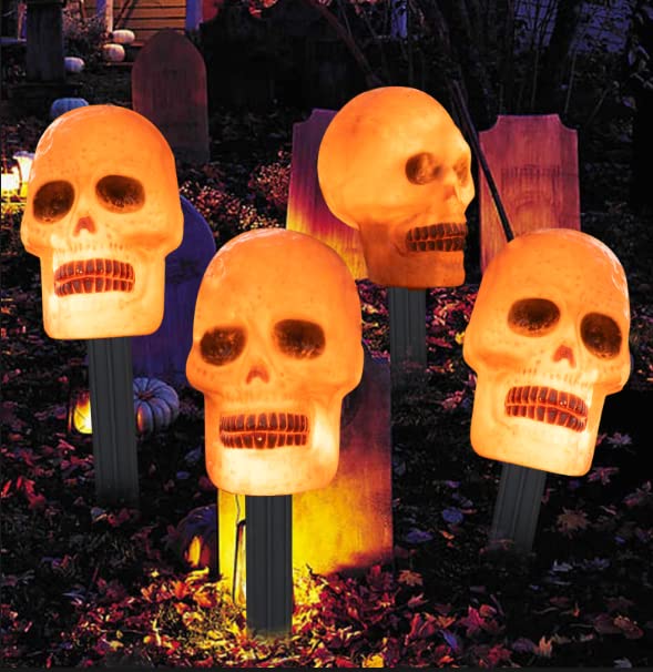 Vanthylit 4PK Halloween Pathway Lights with 20LT Clear Bulbs Lights Skull Stakes Light for Outdoor Halloween Decorations
