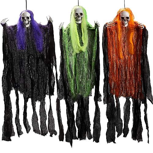 JOYIN 3 Pack Halloween Hanging Grim Reapers Decorations, 35.3” Halloween Skeleton Ghost Decorations, Halloween Hanging Decoration for Haunted House Prop Décor, Best Halloween Outdoor Indoor Decor