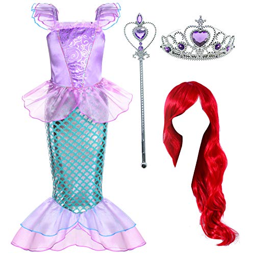 Joy Join Little Girls Princess Mermaid Costume for Girls Dress Up Party with Wig,Crown, Mace 3-4 Years