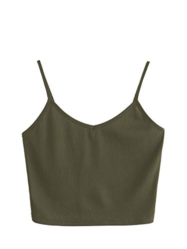 SheIn Women's Casual V Neck Sleeveless Ribbed Knit Cami Crop Top Army Green Small