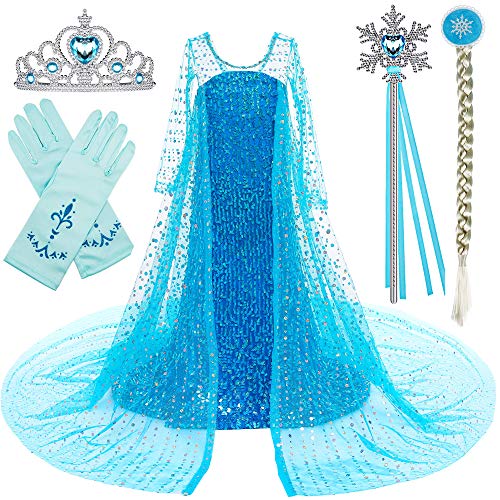 Princess Costume Long Cape Birthday Party Dress up with Crown,Magic Wand,Wig,Gloves for Little Girls 5-6 Years(130CM,E08)