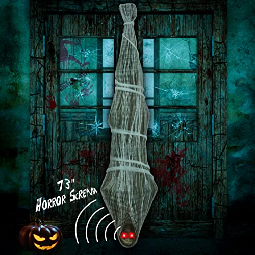 Cocoon Corpse Halloween Decorations Outdoor: Horror Scream with Lighted LED Eyes - Haunted House Props Creepy Tree Hanging Decor 73 inches(Batteries Not Included)