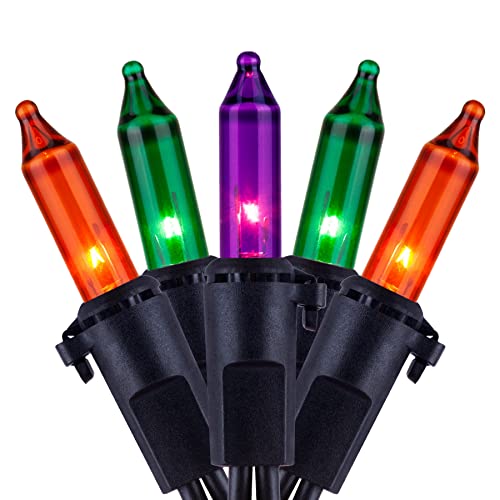 YULETIME Orange Green & Purple Halloween Lights with Black Wire, 66 Feet 200 Count UL Certified Christmas String Lights, Pack of 2 Sets 33 Ft 100 Count Mini Lights Set (Orange, Green & Purple)