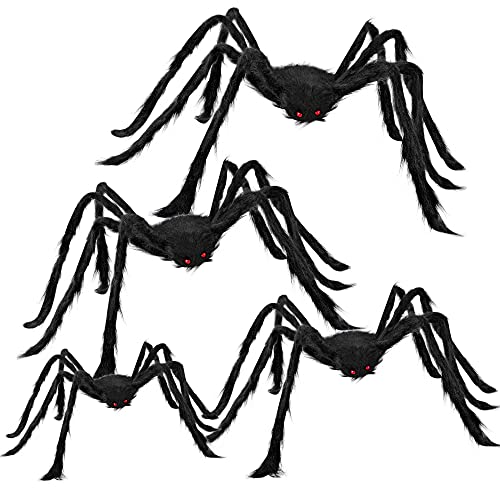 JOYIN 4 Pcks Halloween Outdoor Decorations Hairy Spider Set, Realistic Scary Fake Spider Hairy Spider Props for for Halloween Yard Decorations Party Decor, Black (One 47.25", Two 35.5", and One 29.5")