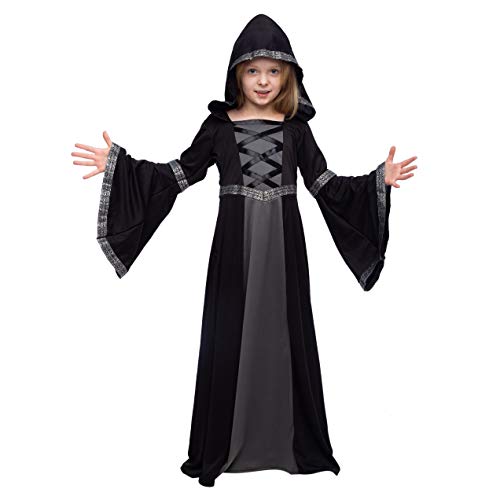 Spooktacular Creations Black Hooded Robe Costume for Girls, Fairytale Witch Costume Halloween Role-playing Party-L(10-12yr)