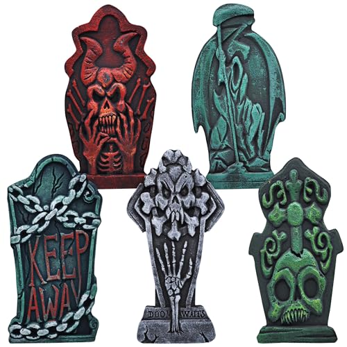 JOYIN 17” Halloween Foam Graveyard Tombstone (5 Pack), Headstone with Different Styles and Bonus Metal Stakes for Outdoor Indoor Halloween Yard Decorations