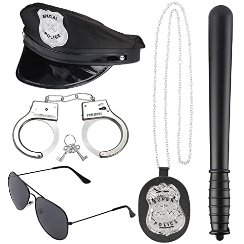 Beelittle Police Costume Accessories Police Hat Handcuffs Policeman Badge Police Officer Dress Up Costume Accessories for Cop Swat FBI Costume Party Halloween Role Play (Black 3)