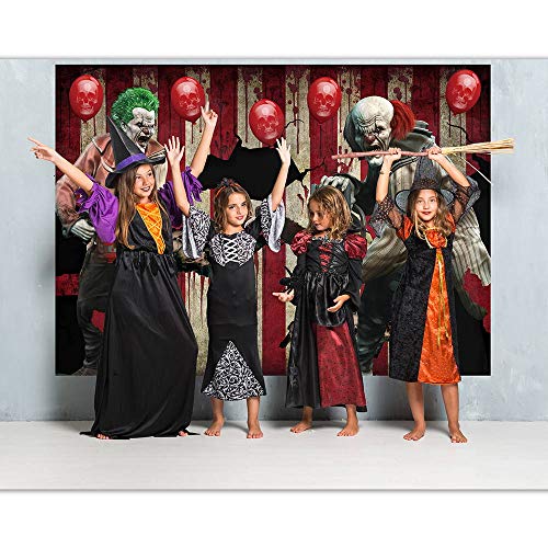 Funnytree 7x5FT Halloween Eve Clown Backdrop Horror Creepy Scary Background Carnival Trunk or Treat Birthday Party Hallowmas Skull Balloons Decoration Favors Gifts Photo Booth Props