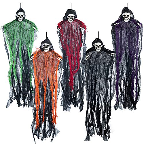 27.6” Halloween Hanging Grim Reapers (5 Pack), Halloween Hanging Ghost Decoration,Halloween Skeleton Flying Ghost for Haunted House Prop Décor, Halloween Outdoor Indoor Decor