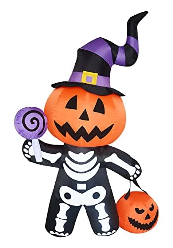 GOOSH 6 FT Height Halloween Inflatable Outdoor Pumpkin with Skull Body, Blow Up Yard Decoration Clearance with LED Lights Built-in for Holiday/Party/Yard/Garden