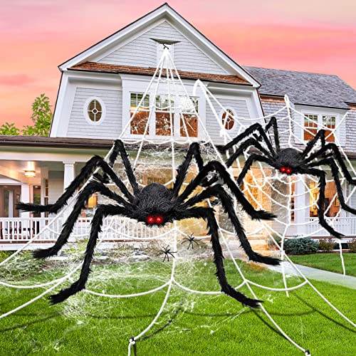 Halloween Decorations, 2Pcs 50'' Giant Spider + 200'' Triangular Spider Web and 100'' Round Spider Web, with Hook, Stretch Web and Ground Pile for Indoor Outdoor Halloween Decor Haunted House Props