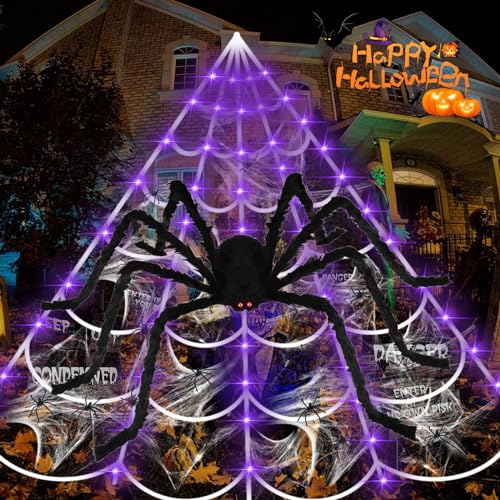 MACTING Halloween Decorations Outdoor,200" Lighted Huge Triangular Spider Web with 79" Giant Spider and Stretch Cobweb 40 Small Fake Spiders for Indoor Outdoor Yard Party Haunted Mansion Scary Decor