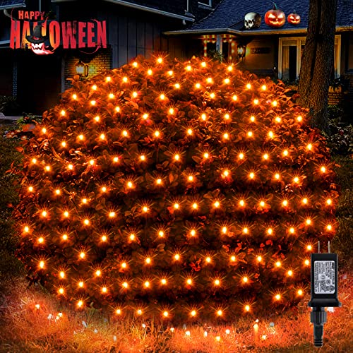 Halloween Net Lights, 200 LED 8.2ft x 4.9ft Orange Halloween Bush Lights with 8 Modes, Timer, Connectable, Waterproof and Durable Green Wire Design for Trees, Bushes, Halloween Decorations Outdoor