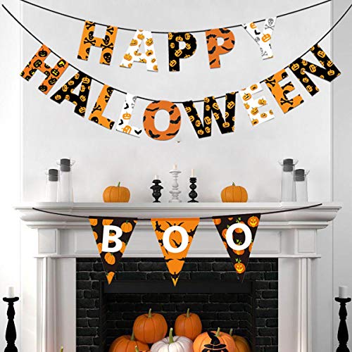 Coolflash 3PCS Happy Halloween Banner Boo Banner,Pumpkin/Bat/Skull Halloween Bunting Boo Banner Halloween Party Decorations- Halloween Pumpkin Garland Halloween Party Sign/Halloween/Photo Prop