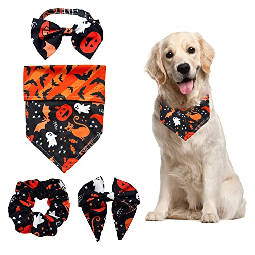 Halloween Dog Bandanas Boy Girl 4 PCS, Reversible Printing Pet Scarf, Pumpkin Ghost Candy Bat Bib for Small Medium Large Cat Dogs Owner Mom (Black)