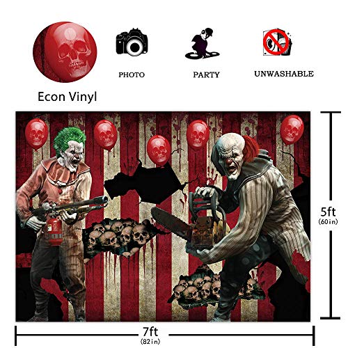 Funnytree 7x5FT Halloween Eve Clown Backdrop Horror Creepy Scary Background Carnival Trunk or Treat Birthday Party Hallowmas Skull Balloons Decoration Favors Gifts Photo Booth Props