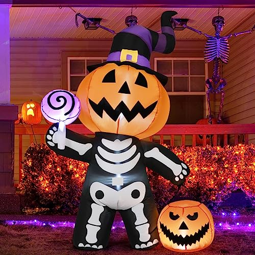 GOOSH 6 FT Height Halloween Inflatable Outdoor Pumpkin with Skull Body, Blow Up Yard Decoration Clearance with LED Lights Built-in for Holiday/Party/Yard/Garden