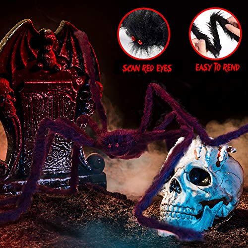 Halloween Decorations, 2Pcs 50'' Giant Spider + 200'' Triangular Spider Web and 100'' Round Spider Web, with Hook, Stretch Web and Ground Pile for Indoor Outdoor Halloween Decor Haunted House Props