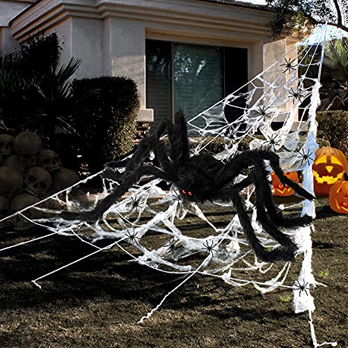 Halloween Decorations Outdoor 295'' Halloween Spider Web Decor 59'' Scary Giant Spider 100 Small Fake Spiders 40g Stretch Cobwebs Spider Webs Halloween Decorations for Outside Yard Garden Lawn Party