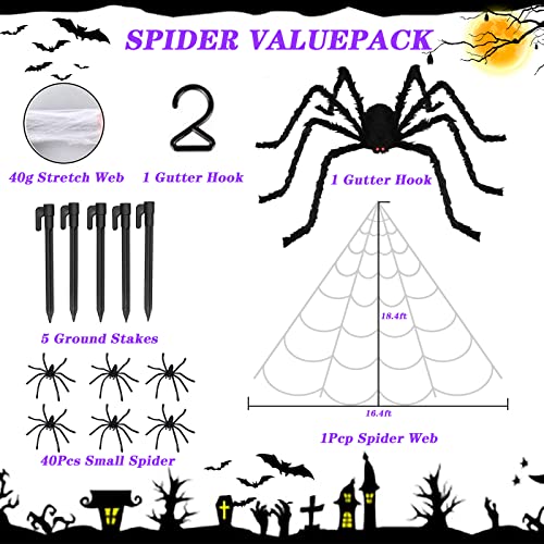 MACTING Halloween Decorations Outdoor,200" Lighted Huge Triangular Spider Web with 79" Giant Spider and Stretch Cobweb 40 Small Fake Spiders for Indoor Outdoor Yard Party Haunted Mansion Scary Decor