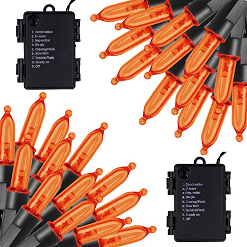 Twinkle Star Outdoor Halloween Lights Battery Operated 50 LED Mini String Light with 8 Modes, 16ft Waterproof Fairy Lights for Garden Patio Wedding Wreath Party Decoration (Orange, 2 Pack)