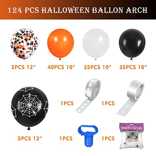 Halloween Decorations Balloon Arch Kit 124 Pcs, Orange Black White Confetti Balloons With Spider Web, Outdoor Indoor Halloween Party Decorations
