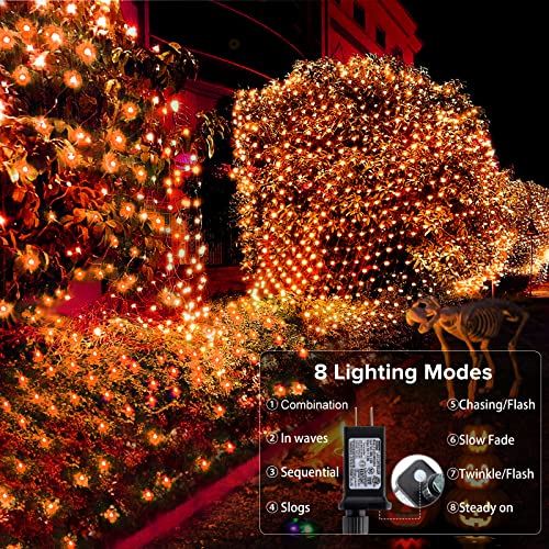 Halloween Net Lights, 200 LED 8.2ft x 4.9ft Orange Halloween Bush Lights with 8 Modes, Timer, Connectable, Waterproof and Durable Green Wire Design for Trees, Bushes, Halloween Decorations Outdoor