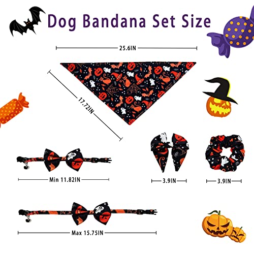 Halloween Dog Bandanas Boy Girl 4 PCS, Reversible Printing Pet Scarf, Pumpkin Ghost Candy Bat Bib for Small Medium Large Cat Dogs Owner Mom (Black)