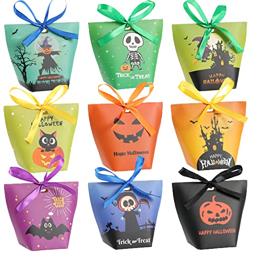 Halloween Candy Bags Treat Bags - 36PCS Paper Halloween Bags Trick or Treat Halloween Sweet Goodie Bags with Ribbons, 9 Patterns Gift Bags Halloween Party Favors for Kids Halloween Decorations