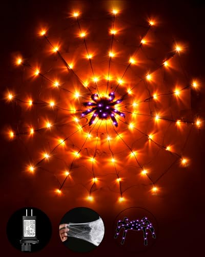 Halloween Spider Web Lights with Black Spider, 3.9FT Diameter 80 LED Orange Halloween Lights with 8 Modes, Waterproof Orange Net Lights for Party, Bedroom, Bar, Haunted House, Halloween Decorations