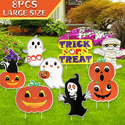 AerWo 8 Pack Halloween Decorations Outdoor Cute Large Corrugate Halloween Yard Stake Signs Waterproof Halloween Props Trick Or Treat Sign for Garden, Lawn, Yard Decorations Outside