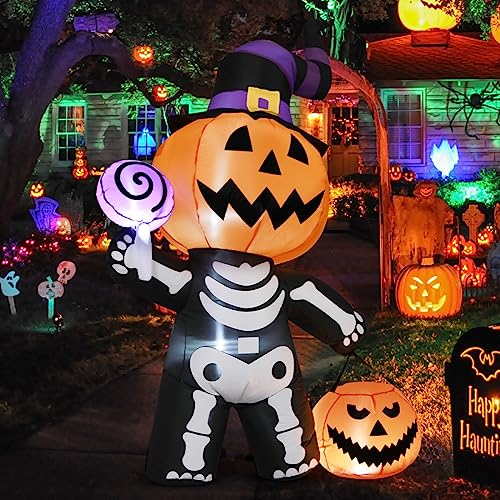 GOOSH 6 FT Height Halloween Inflatable Outdoor Pumpkin with Skull Body, Blow Up Yard Decoration Clearance with LED Lights Built-in for Holiday/Party/Yard/Garden