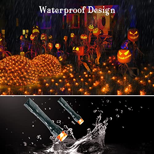 Halloween Net Lights, 200 LED 8.2ft x 4.9ft Orange Halloween Bush Lights with 8 Modes, Timer, Connectable, Waterproof and Durable Green Wire Design for Trees, Bushes, Halloween Decorations Outdoor