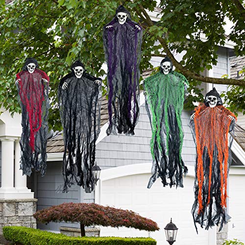 27.6” Halloween Hanging Grim Reapers (5 Pack), Halloween Hanging Ghost Decoration,Halloween Skeleton Flying Ghost for Haunted House Prop Décor, Halloween Outdoor Indoor Decor