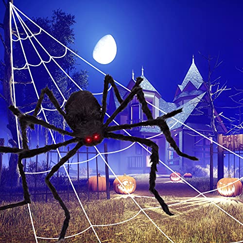 MY LIFFRI Halloween 200” Spider Web & 59” Giant Spider Decoration Huge Outdoor Spider Web with Scary Hairy Spider for Yard Porch Lawn House Party Décor