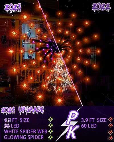 Halloween Spider Web Lights with Black Spider, 3.9FT Diameter 80 LED Orange Halloween Lights with 8 Modes, Waterproof Orange Net Lights for Party, Bedroom, Bar, Haunted House, Halloween Decorations