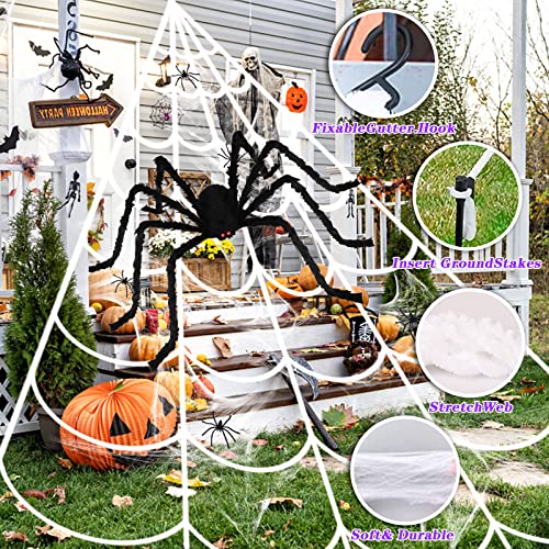 MACTING Halloween Decorations Outdoor,200" Lighted Huge Triangular Spider Web with 79" Giant Spider and Stretch Cobweb 40 Small Fake Spiders for Indoor Outdoor Yard Party Haunted Mansion Scary Decor
