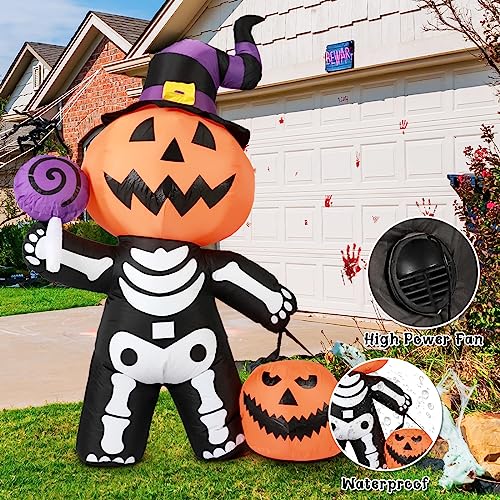GOOSH 6 FT Height Halloween Inflatable Outdoor Pumpkin with Skull Body, Blow Up Yard Decoration Clearance with LED Lights Built-in for Holiday/Party/Yard/Garden