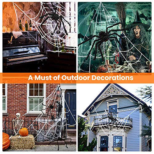 Halloween Decorations, 2Pcs 50'' Giant Spider + 200'' Triangular Spider Web and 100'' Round Spider Web, with Hook, Stretch Web and Ground Pile for Indoor Outdoor Halloween Decor Haunted House Props