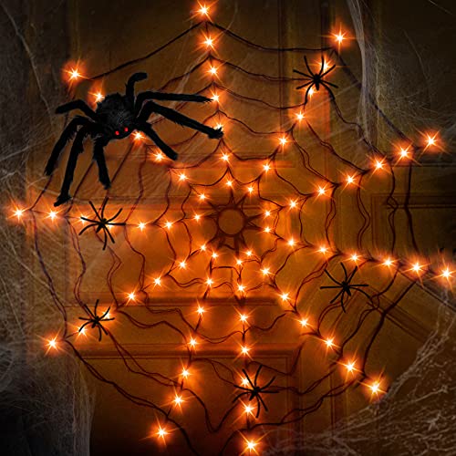 Anycosy Halloween Spider Web Lights, 80 LED Waterproof with 5 Black Spider, Halloween Lights 8 Modes, for Indoor/Outdoor Halloween Decor (4.3 FT, Orange)