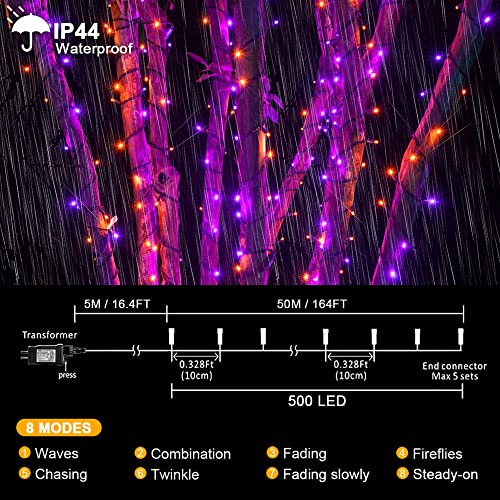 kemooie 500 LED Halloween Lights, 164FT 8 Lighting Modes Plug in Waterproof Fairy Lights for Outdoor Tree Lights Party Garden Balcony Halloween Decorations(Purple and Orange)