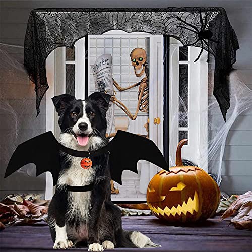 Bowtus Halloween Dog Bat Wings Pet Costume with Pumpkin Bells for Halloween Party Decorations, Cute Puppy Dog and Cat Collar Bat Wings Cosplay Party Dress Up Funny Cool Appare(Large)
