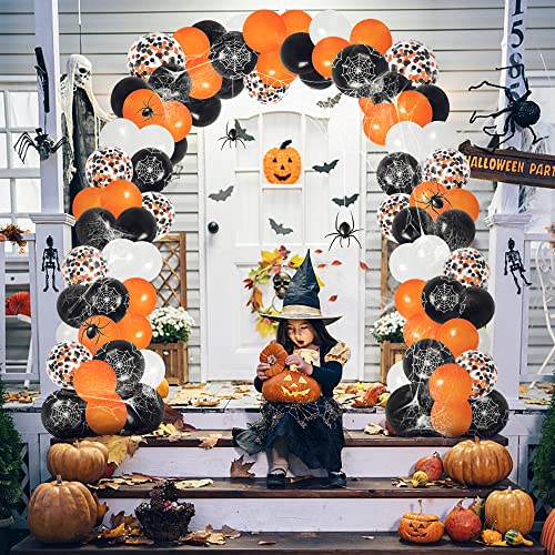 Halloween Decorations Balloon Arch Kit 124 Pcs, Orange Black White Confetti Balloons With Spider Web, Outdoor Indoor Halloween Party Decorations