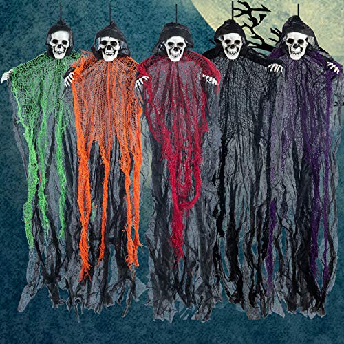 27.6” Halloween Hanging Grim Reapers (5 Pack), Halloween Hanging Ghost Decoration,Halloween Skeleton Flying Ghost for Haunted House Prop Décor, Halloween Outdoor Indoor Decor