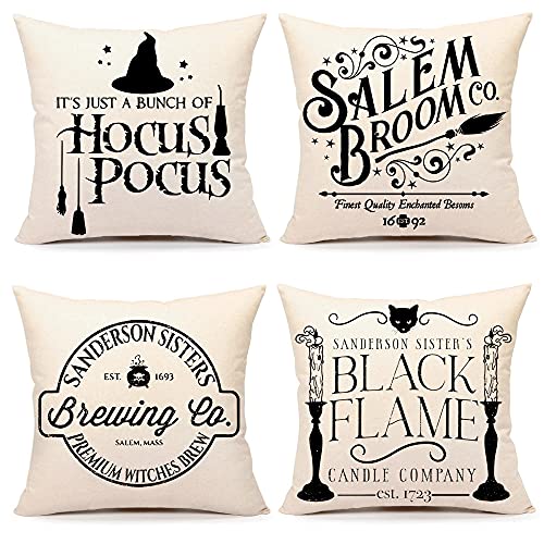 4TH Emotion Halloween Decor Pillow Covers 18x18 Set of 4 Halloween Decorations Hocus Pocus Farmhouse Saying Outdoor Fall Pillows Decorative Throw Cushion Case for Home Couch TH023-18