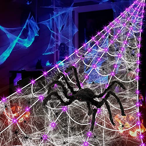 MACTING Halloween Decorations Outdoor,200" Lighted Huge Triangular Spider Web with 79" Giant Spider and Stretch Cobweb 40 Small Fake Spiders for Indoor Outdoor Yard Party Haunted Mansion Scary Decor