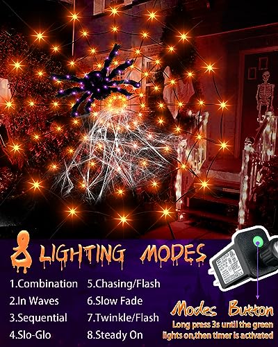 Halloween Spider Web Lights with Black Spider, 3.9FT Diameter 80 LED Orange Halloween Lights with 8 Modes, Waterproof Orange Net Lights for Party, Bedroom, Bar, Haunted House, Halloween Decorations